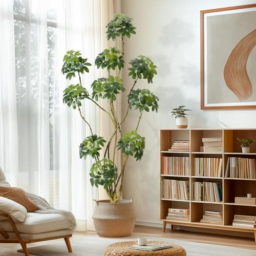 GarveeHome 7 ft Tall Fake Plant Indoor,Faux Floor Tree Fake Trees in Decorative White Planter with Multiple Trunks Design, Artificial Umbrella Schefflera Tree for Home Offices Porch Decor