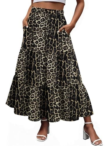 Magritta Boho Maxi Skirt for Women Summer Spring Long Flowy A-Line Tiered Apricot Leopard X-Large - Image 1