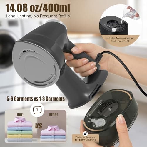 Vacuum Steamer for Clothes Handheld: 2500–3600Pa Adjustable Suction, No Leak & Stable Steam, Steaming & Ironing Portable Travel Garment Steamer, 400ml Tank, 4 Modes, 15s Heat-Up, 110-120V - Thumbnail 6