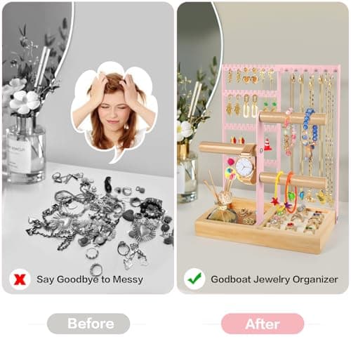 Godboat Jewelry Organizer - Earring Holder with 48 Holes, 6 Hooks Necklace Organizer, Bracelet and Ring Stand with Jewelry Box, Mothers Day Gifts for Women, Mom, Preppy Stuff & Room Decor, Pink - Thumbnail 3