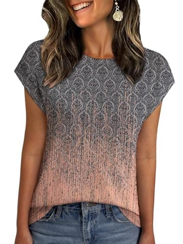 NORACORA Womens Spring Summer Cute Floral Tops Crew Neck Shirts Short Sleeve Tunic Basic Blouses Loose Tops Party Cap Sleeve T Tshirts Grey Pink Gradient M - Image 1
