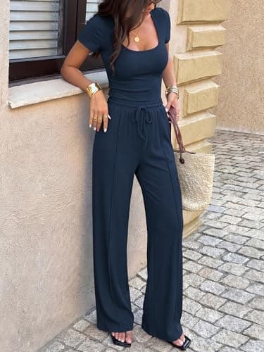 BTFBM Womens Spring 2 Piece Outfits 2026 Summer Square Neck Short Sleeve Drawstring Pants Knit Lounge Matching Sets(Navy, Small) - Thumbnail 5