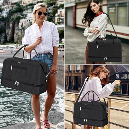 Weekender Bag for Women, Travel Duffel Bag Carry On Overnight Bag with Shoe Compartment Large Nylon Travel Weekend Tote Bag, 9a-black, L - Thumbnail 6
