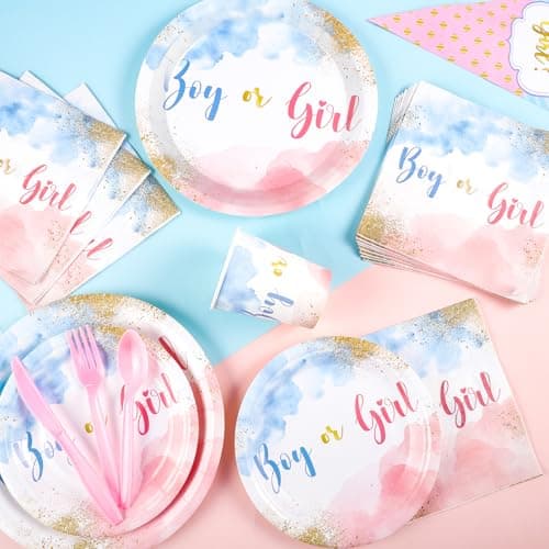 Xiangqu 175 Pcs Gender Reveal Plates and Napkins, Boy or Girl Gender Reveal Party Decorations Includes Gender Reveal Paper Plates Napkins Cups Plastic Cutlery for Baby Reveal Party,Serves 25 - Thumbnail 4