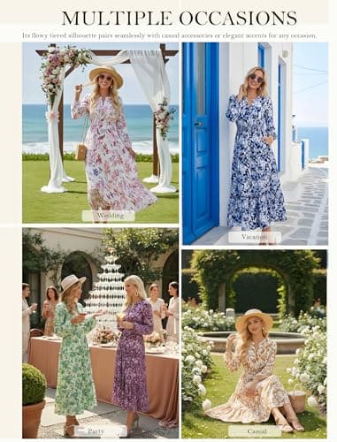 GRACE KARIN Women's Floral Maxi Dress 2026 Fall Long Sleeve V Neck Empire Waist A Line Flowy Dress with Pocket Yellow L - Thumbnail 6