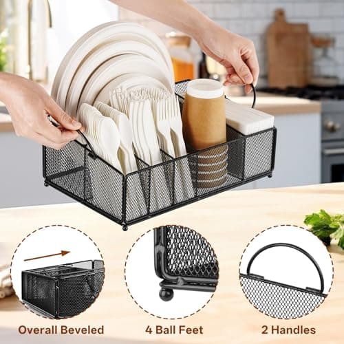 Cairondin Large Paper Plate and Silverware Caddy for Countertop Party Picnic Camping, Plastic Cutlery Holder Organizer for Disposable Plate Cup Flatware Utensil Napkin, Black - Thumbnail 3