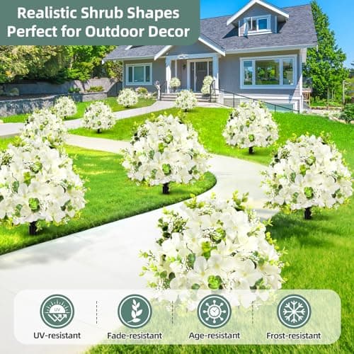2 Pack Artificial Flowers Topiary Ball Tree, 21.7" Fake Plants with Ground Spike, UV-Resistant Faux Boxwood Shrub, Realistic Evergreen Bushes for Indoor/Outdoor Front Porch & Garden Decor (White) - Thumbnail 3
