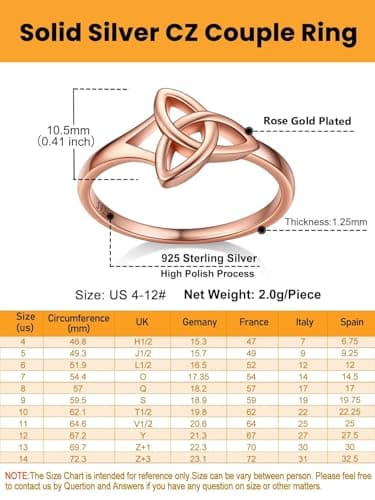 Bestyle Rose Gold Vermeil Celtic Knot Rings Sterling Silver Ring Women Simple Finger Band Ring Stacking Ring, Eternity Love Band Ring for Her, Great Irish Celtic Jewelry for Women,Size 12 - Thumbnail 5