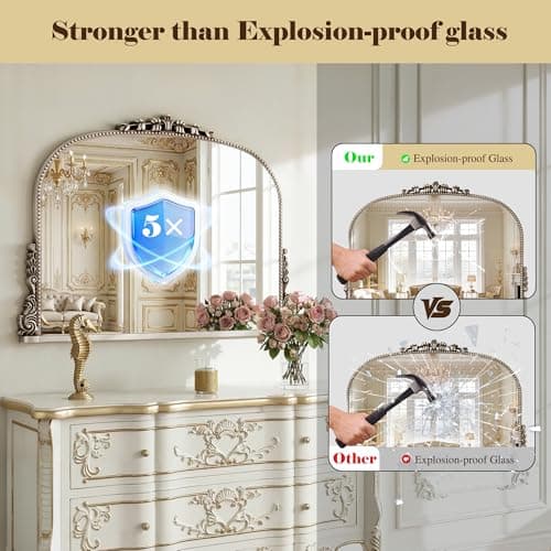 26x38 inch Vintage Arched Gold Ornate Baroque Mirror - Wall Vanity Mirror with Beautiful Retro Top and Bottom Engraving Process Frame for Bathroom, Living Room, Fireplace, Entryway, HD Tempered Glass - Thumbnail 6