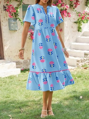 Wenrine Womens Summer Floral Midi Dress Casual Short Sleeve V Neck Flowy Ruffle Boho Beach Sundress with Pockets Light Blue - Thumbnail 5
