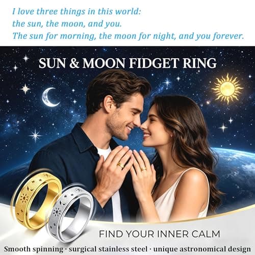 Fidget Toys Adults Anxiety Ring-Fidget Ring Women Men Stress Relief Spinner Fidget Toys Stainless Steel Band with Hollowed Sun Moon Star Sandblasted Surface 6mm Width,18K Gold/Silver Size 6-11 Unisex - Thumbnail 2