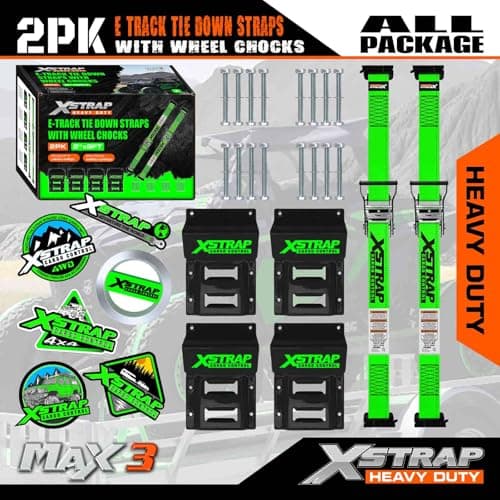 XSTRAP STANDARD Wheel Chock E-Track Tie Down Straps Kit, 2 Pack 2" x 9FT Over-The-Tire Ratchet Straps with Steel Wheel Chocks, 1466 lbs WLL for ATV, UTV, Lawn Mower, Trailer Hauling, Green - Thumbnail 6