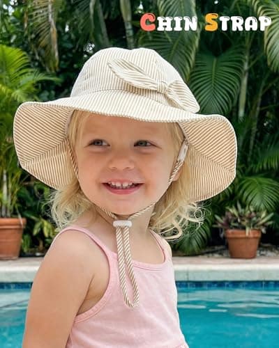 HONGTEYA Baby Sun Hat Cotton Stripe Bow Wide Brim Toddler Beach Bucket Hat - Thumbnail 5
