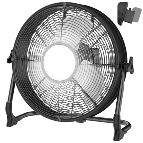 12" Battery Operated Floor Fan with Light Compatible with Milwaukee M18 18V Battery, Portable Fan with AC Adapter and USB Output, Metal High Velocity, Stepless Speed Cordless Fan for Jobsite Camping