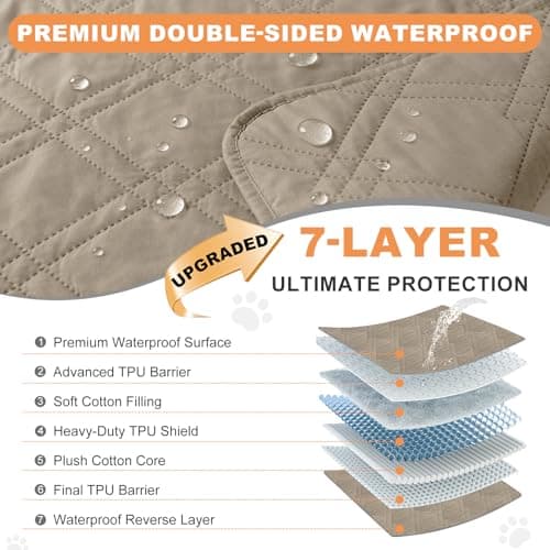 Vmeyiek 100% Waterproof Dog Bed Cover Pet Blanket(30"x71"),7-Layer Reversible Washable Sofa Couch for Furniture Car (Khaki+Khaki) - Thumbnail 2