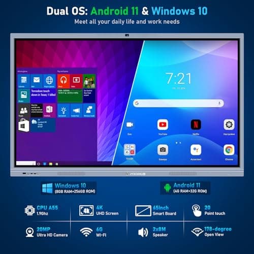 65" Smart Board, 4K UHD Interactive Whiteboard All-in-One Touchscreen Electronic Smartboard Android 11&Windows 10 8+256GB 20MP Camera Digital White Boards for Classroom Office Home Business Boardroom - Thumbnail 3