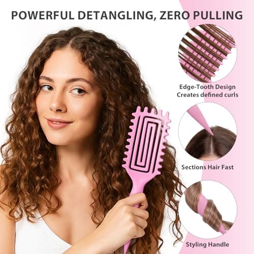 Inpoipsor Curly Hair Brush, Curl Defining Brush for Women and Men, Effortless Detangling and Shaping for Curls, Waves and Coils, Reduces Pulling, Smooth Results (Pink) - Thumbnail 2