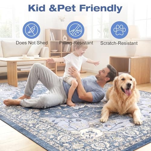 YBYX 10x12 Area Rugs for Living Room, Machine Washable Boho Vintage Rug, Waterproof Surface & Non-Slip Backing, Foldable Soft Low Pile Floral Medallion Carpet for Bedroom Dining Room - Thumbnail 6