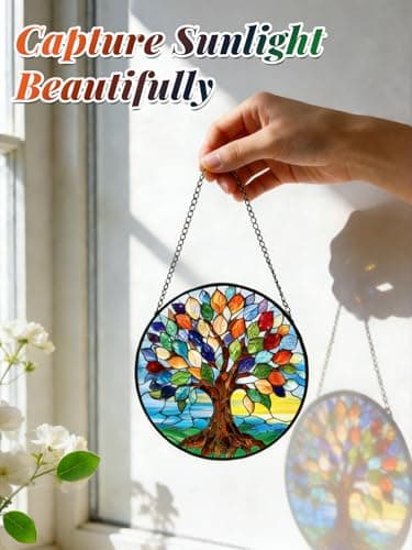 Stained Glass Window Hanging, Colorful Tree of Life Suncatcher for Door Home Decor, Glass Panel Sunrise Sun Catcher Ornament Mother's Day Birthday Gifts for Women Men Mom 6.3 in - Thumbnail 3