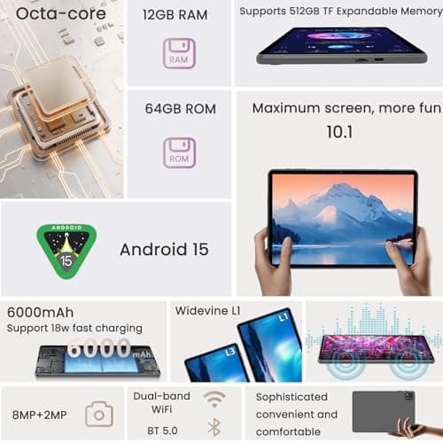 HUIHUANG 10.1 Inch Tablet, Android 15 Tablets 12GB(4+8) RAM / 64GB ROM / 1TB SD Card Expansion, 1280x800 IPS HD Touchscreen, 6000mAh Battery, Bluetooth 5.0, Dual Cameras, GMS, Dual Band WiFi, Black - Thumbnail 6