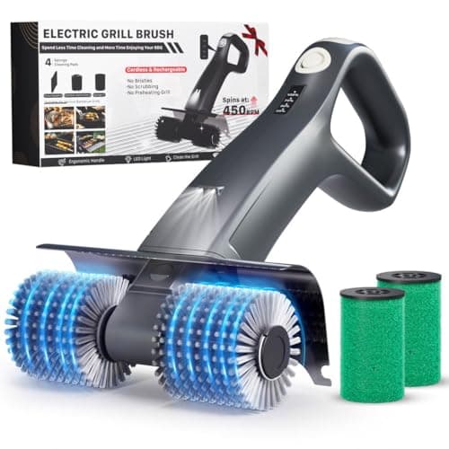 Electric Grill Brush Rechargeable, Dual Brush Heads Design Cordless Electric BBQ Grill Cleaner with Replaceable Head (Gray)