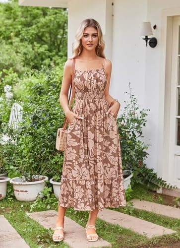 GRACE KARIN Womens Sleeveless Maxi Dress Summer Casual Spaghetti Strap Ruffle Cami Dresses Boho Beach Dresses with Pockets Long Coffee Floral S - Thumbnail 6