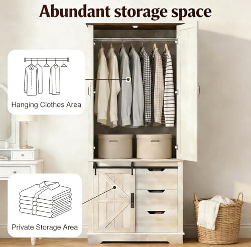 71" Tall Farmhouse Wardrobe Closet with Sliding Barn Doors, 2 Cabinets & 3 Drawers – Rustic Armoire for Bedroom, Spacious Closet Wardrobe with Doors for Clothing, Shoes & Storage, Antique White - Thumbnail 6