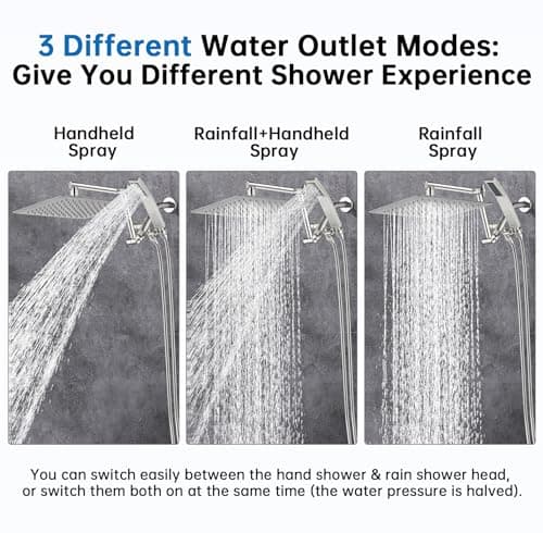 G-Promise All Metal 10 Inches Rainfall Shower Head with Handheld Spray Combo, 3 Settings Diverter, Adjustable Extension Arm with Lock Joints, 71 Inches Stainless Steel Hose (Brushed Nickel) - Thumbnail 2