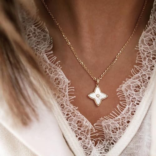 MYEARS Women Clover Necklace Pendant Lapis Lazuli Cubic Zirconia 14K Gold Simple Dainty Chain Everyday Trendy Lucky Jewelry - Thumbnail 2