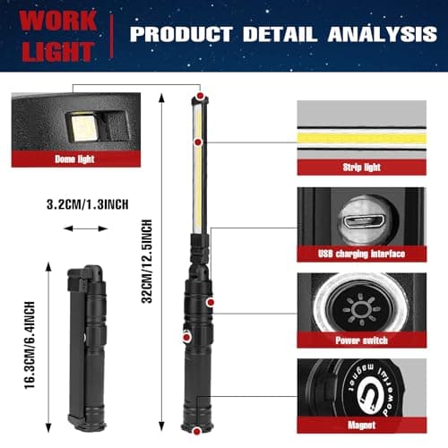 Rechargeable Work Light, 360° Rotate Design, Magnetic LED Work Light Foldable Flashlight,5 Lighting Modes,Mechanic Light, Portable Outdoor Lamp for Car Repair,Camping, Emergency - Thumbnail 3