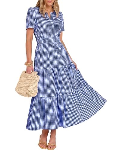 Caracilia Women's Summer Short Sleeve V-Neck Maxi Dress, Gingham & Striped Fabric, Casual A-Line Dress for Beach & Vacation Royal Blue Gingham XX-Large - Image 1