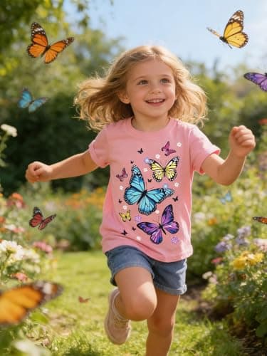 Funnycokid Little Girls T Shirt Size 6 7 Kids Pink Tee Butterflies Animal T-Shirt Graphic Short Sleeve Clothes Tops - Thumbnail 2