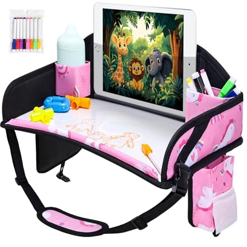 WENRENER Kids Travel Tray, Car Seat Tray for kids Travel, Toddler Road Trip Essentials With Drawing Kit, Toddler Lap Desk Organizer for Car, Carseat Table for Airplane