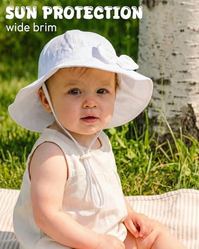 HONGTEYA Baby Sun Hat Cotton Stripe Bow Wide Brim Toddler Beach Bucket Hat - Thumbnail 3