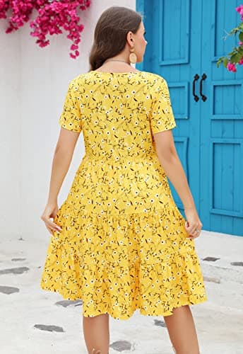 Younrui Plus Size Tiered Casual Babydoll Dress for Women Wedding Guest Scoop Neck Short Sleeve Midi Aline Dress (2XL-1001-Yellow Floral) - Thumbnail 2