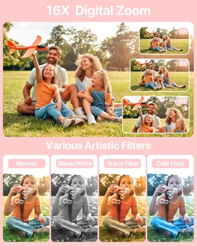 Digital Camera, Kids Camera with 32GB Card, FHD 1080P 44MP Vlogging Camera, 16X Zoom Point and Shoot Digital Camera Compact Portable Rechargeable Cameras for Teens Boys Girls Students Seniors-Pink - Thumbnail 4