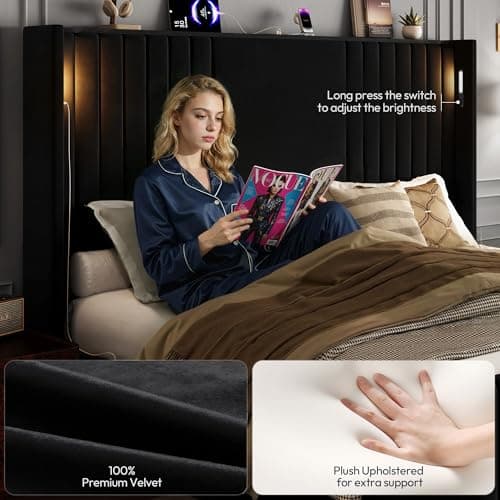 Uteeran King Size Bed Frame with 55.1" Tall Headboard, Velvet Upholstered Platform Bed with Channel Tufted Wingback, 2 Reading Lights/Storage Shelf/Charging Station/Easy Assembly/Noise-Free, Black - Thumbnail 4
