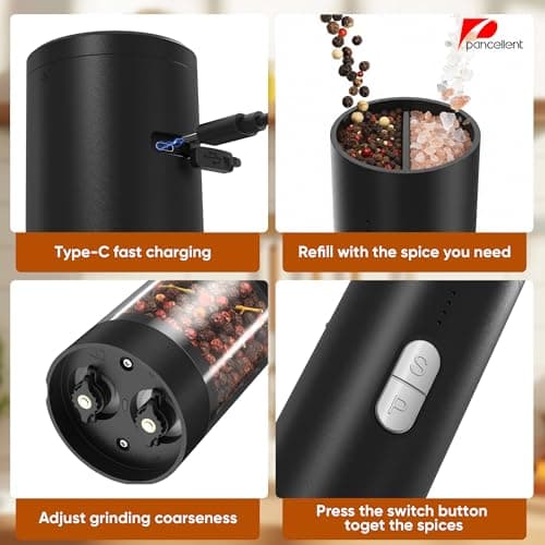 2 in 1 Electric Salt and Pepper Grinder Set (USB Rechargeable), Automatic Salt and Pepper Mill with LED Lighting, One-Handed Operation Adjustable Coarseness - Perfect for Kitchen, BBQ Gifts (Black) - Thumbnail 3