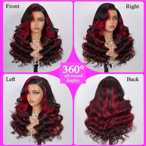 Red Burgundy Highlight Wigs Human Hair Ombre Skunk Strip Body Wave Red And Black 9x6 Glueless Lace Closure Colored Wig Human Hair 9x6 HD Lace Frontal Wigs 200 Density Pre Plucked For Women 28 Inch - Thumbnail 2
