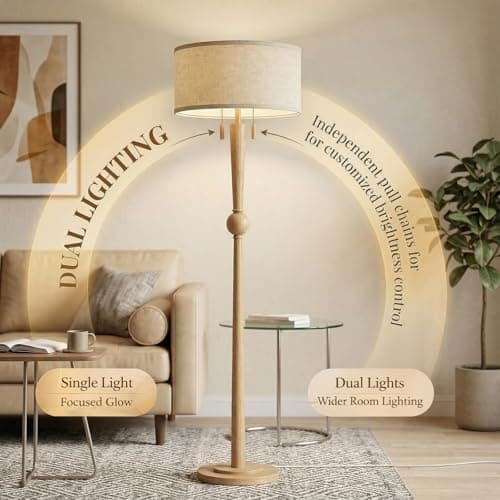 MOFFE 62.8" Solid Wood Floor Lamp,Tall Standing Floor Lamp with 2-Light Pull Chain, 17" Linen Drum Shade, Sculptural Wood Base & Stem,Transitional Floor Lamp for Living Room Bedroom, Includes 2 Bulbs - Thumbnail 5