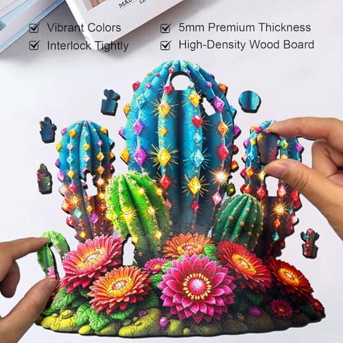 Wooden Puzzles for Adults, Glowing Cactus Flower Wooden Jigsaw Puzzle 200 Pieces, Unique Shaped Wooden Puzzle, Creative Gift for Mom Friends Kids Family Game Night Home Decor 10.3 * 11in - Thumbnail 4