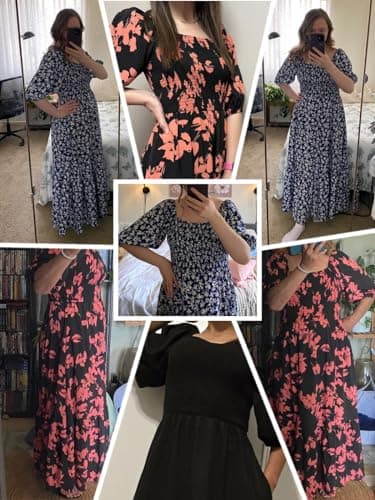 Lyrur Summer Smocked Dresses with Pockets Puff Sleeve Square Neck Smocked Tiered Ruffle A-Line Flowy Maxi Sundress(M,7017-Black Pink Floral) - Thumbnail 4