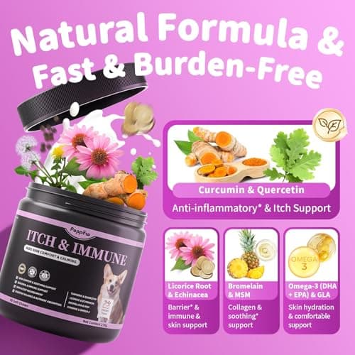 POPPAW Itch Relief for Dogs - Turmeric Supplements for Itching Skin Comfort & Coat Health & Seasonal Allergy Care, Immune Support Supplement with Omega-3 Fish Oil, Biotin - Chicken Flavor - 90 Count - Thumbnail 3