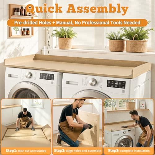 TIRYIUOU Laundry Washer Dryer Countertop: 54" x 27.5" Wood Washer Dryer Topper with 180lbs Capacity, Waterproof MDF for LG Samsung Front Load Washer and Dryer, Non-Slip Laundry Room Organization Table - Thumbnail 5