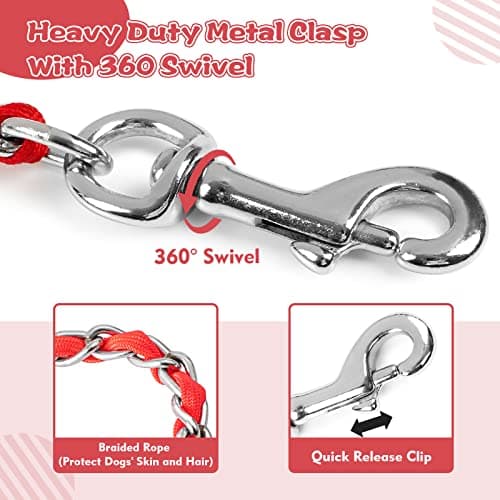 LUFFWELL Heavy Duty Metal Dog Chain Leash with Comfortable PU Leather Padded Handle, Chew Proof for Medium Large Pooch Walking Training (6FT 3.0mm Red) - Thumbnail 4