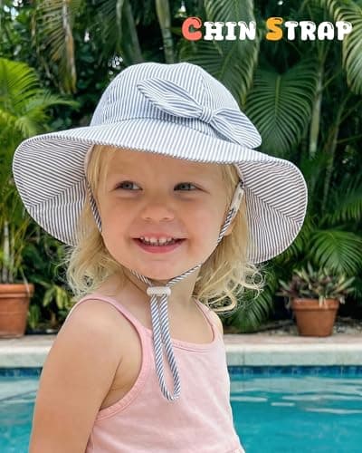 HONGTEYA Baby Sun Hat Cotton Stripe Bow Wide Brim Toddler Beach Bucket Hat - Thumbnail 5