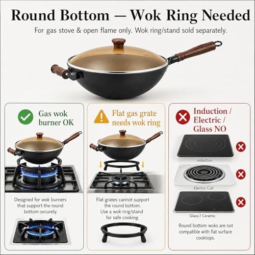 WANGYUANJI 12.6 Inch Round Bottom Cast Iron Wok with Glass Lid, Chinese Stir Fry Pan for Gas Stove & Open Flame, Uncoated Clay-Mold Texture, Wok Ring Required, Seasoning Needed - Thumbnail 2