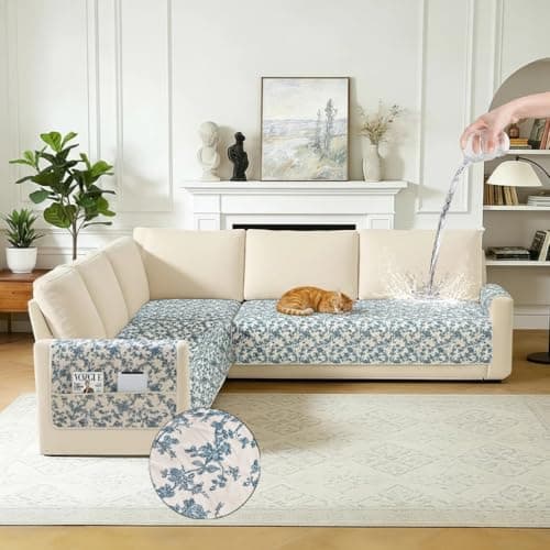 ALIECOM L Shaped Couch Cover for Sectional Sofa Waterproof Sofa Slipcover Non Slip Corner Couch Covers for Dogs Cats (XX-Large, Beige & Blue)