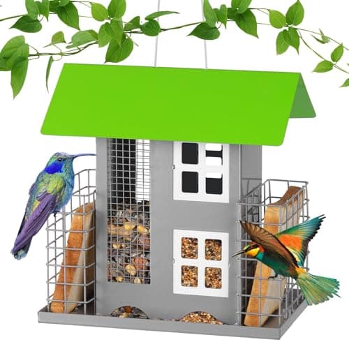 Metal Bird Feeders for Outdoors Wild Bird Feed with 2 Suet Cage Cake Squirrel Proof Hanging Feeder Large Capacity Wild Bird Feeder Easy Clean&Anti-Rust Attracting Birdhouse Green