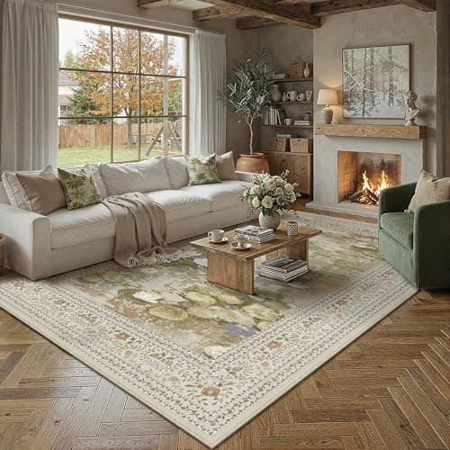 PureCozy Beige Area Rug 8x10 Washable Vintage Floral Carpet for Living Room Soft Low Pile Non Slip Indoor Large Area Rug Retro Distressed Throw Rug for Office Nursery Bedroom Dining Room - Thumbnail 2